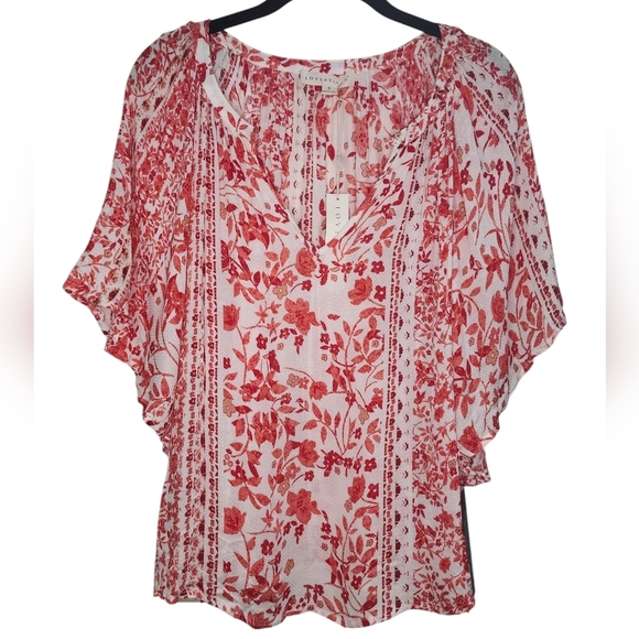 LOVESTITCH Red floral blouse shirt v-neck small short sleeve boho, size S - Picture 2 of 9